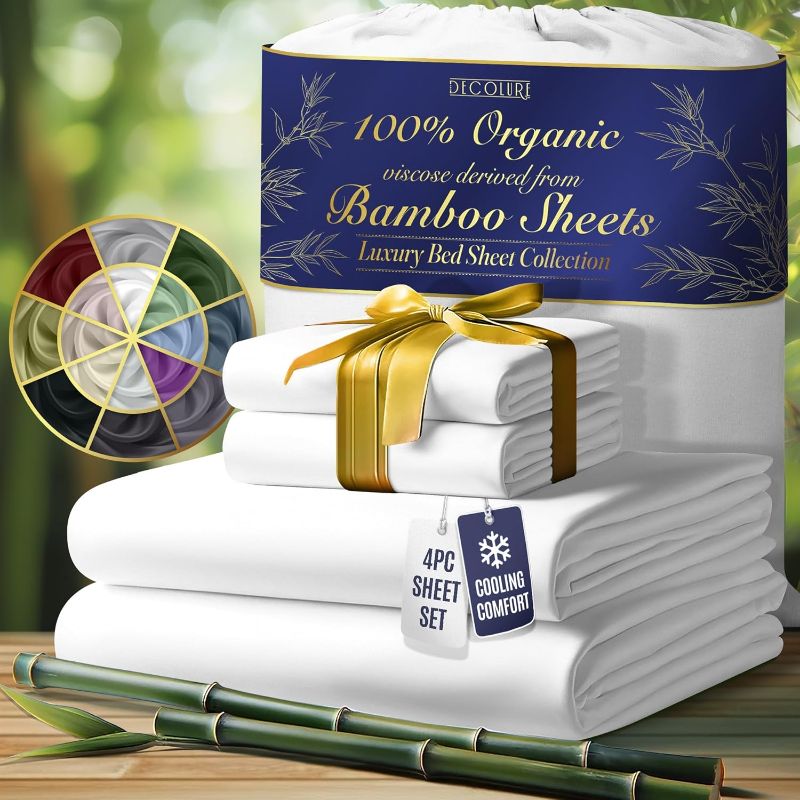 Photo 1 of 
DECOLURE 100% Organic Viscose Derived from Bamboo Sheets Queen Size 4pcs - Ultra Soft & Luxuriously Cooling, 17" Deep Pocket, Double Stitching,..