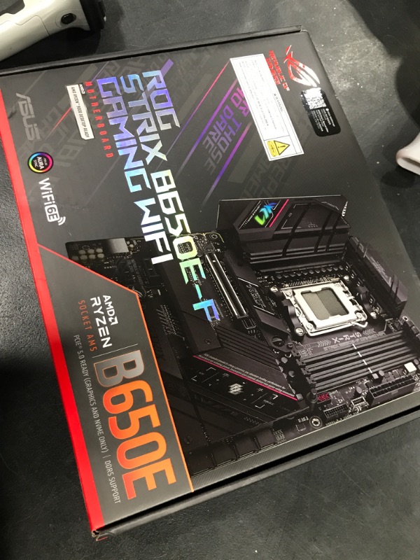 Photo 3 of ASUS ROG Strix B650E-F Gaming WiFi AMD B650 AM5 Ryzen™ Desktop 9000 8000 & 7000 ATX Motherboard, 12+2 Power Stages, DDR5, 3X M.2 Slot, PCIe® 5.0, WiFi 6E, 2.5G LAN, USB 3.2 Gen 2x2 Type-C®, Aura Sync