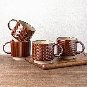 Photo 1 of 12 OZ Stackable Coffee Mugs, Ceramic Coffee Mugs with Texture Patterns for Man,Woman,Dad,Mom, Modern Coffee Mugs Set of 4 for Latte/Cappuccino/Cocoa. Dishwasher&Microwave Safe