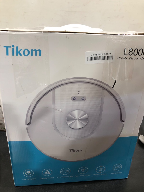 Photo 2 of Tikom Robot Vacuum and Mop, L8000 Laser LiDAR Navigation Robotic Vacuum, 150Mins Max, 45dB, 14 No-Go Zones, 20 Virtual Walls, Self-Charging, Good for Pet Hair, Carpet, Hard Floor, White