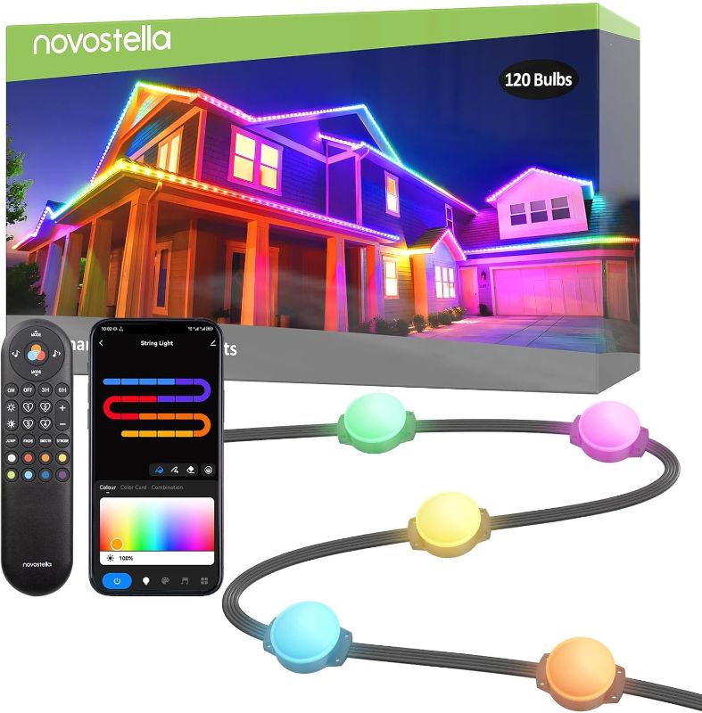 Photo 1 of NOVOSTELLA Permanent Outdoor Lights, Smart RainbowColor RGB IC Light, 150ft (75x2) with 120 LED Eaves Lights IP65 Waterproof for Holidays, Christmas, Daily Lighting, WiFi APP Voice Control
