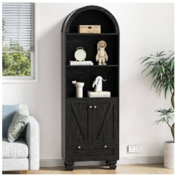 Photo 1 of Giluta Arched Bookshelf with Doors, 5-Tier Storage Cabinet, Open Display Shelf & Drawer, Modern Bookcase for Living Room, Dining Room, Kitchen, Black Cabinet Bookcase(71inch)