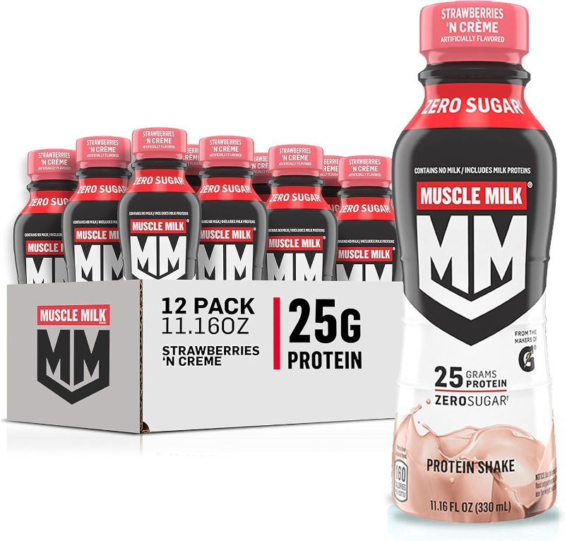 Photo 1 of  Muscle Milk Genuine Shake, Strawberry, 11.16 Fl Oz Bottles (Pack of 12) BEST BY 23 APR 2025