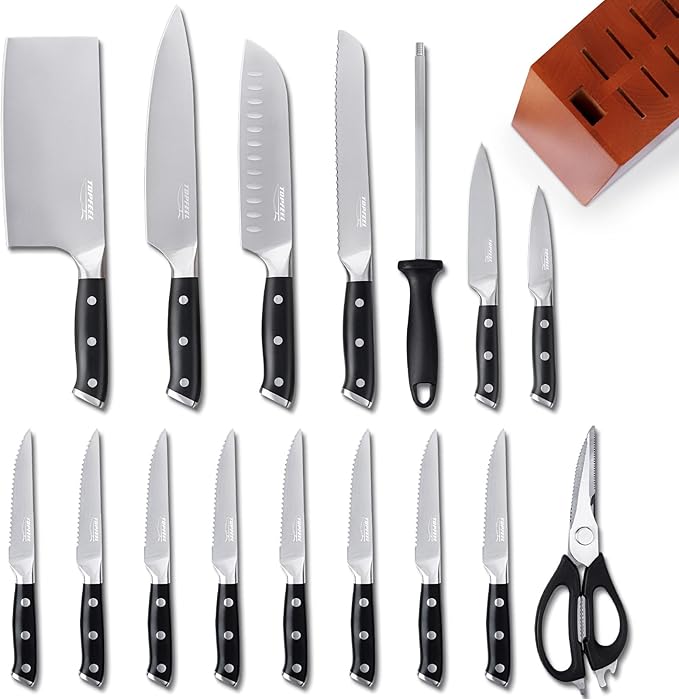 Photo 1 of 17PCS Kitchen Knife Set with Magnetic Knife Block-5 Chef Knives,8 Serrated Steak Knives Ultra Sharp Chef Knife Set with Knife Sharpener,Kitchen Scissors