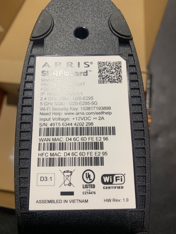 Photo 4 of ARRIS (G20) - Cable Modem Router Combo - Fast DOCSIS 3.1 Multi-Gigabit WiFi 6 (AX3000), Approved for Comcast Xfinity, Cox, Spectrum & More, 1.0 Gbps Max Speeds, Next-Generation Upload Optimized