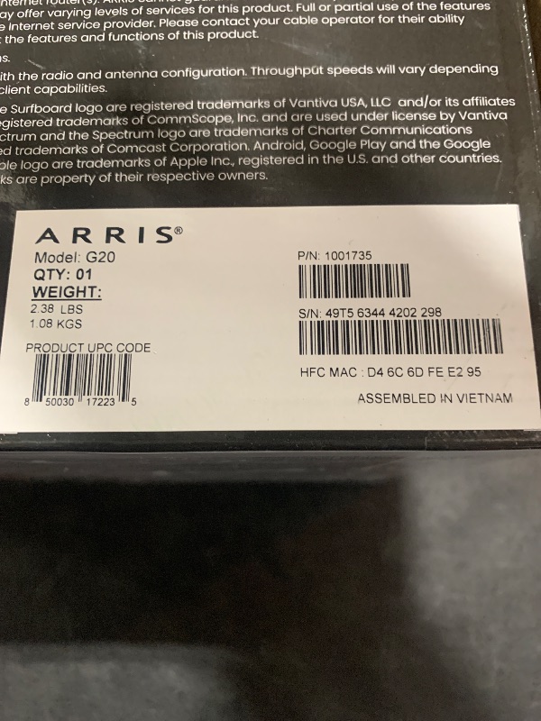 Photo 3 of ARRIS (G20) - Cable Modem Router Combo - Fast DOCSIS 3.1 Multi-Gigabit WiFi 6 (AX3000), Approved for Comcast Xfinity, Cox, Spectrum & More, 1.0 Gbps Max Speeds, Next-Generation Upload Optimized