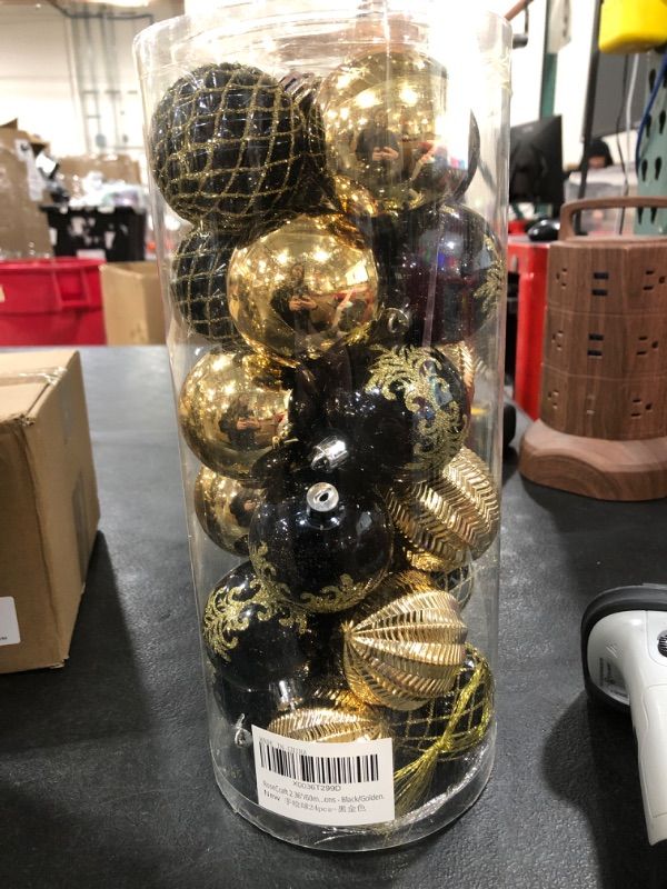 Photo 2 of RoseCraft 2.36"/60mm Hand-Printed Christmas Ball Ornaments Set?24PCS Shatterproof Christmas Tree Decor Decorative Set, for Home, Holiday, Thanksgiving Xmas Hanging Decortions - Black/Golden.