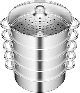 Photo 2 of FAVOMOTO 5 Tier Stainless Steel Steamer Pot, Multifunctional Stockpot Vegetable Steamer Cooker Multipot with Strainer Soup Pot Multilayer Cookware with Lid for Cooking