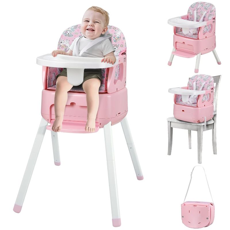 Photo 1 of in 1 Portable Baby High Chair,Convertible Highchair for Babies & Toddlers-Foldable Infant Booster Seat,Carry Small Box,Dining Chair,Toddler High Chair with 5-Point Harness,Removable Tray-Pink