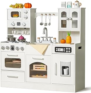 Photo 1 of Wooden Play Kitchen for Kids with Realistic Lights and Sounds, Large Toddlers Interactive Kitchen Playset with Ice Maker, Stove, Sink, Oven, and 12 Accessories, Pretend Play Kitchen Set for Ages 3-8