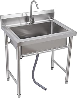 Photo 1 of Single Bowl Stainless Steel Utility Sink, Commercial Sink with Cold and Hot Water Pipe 360° Rotatable Faucet, Free Standing Kitchen sink Station with Deep Basin Bowl