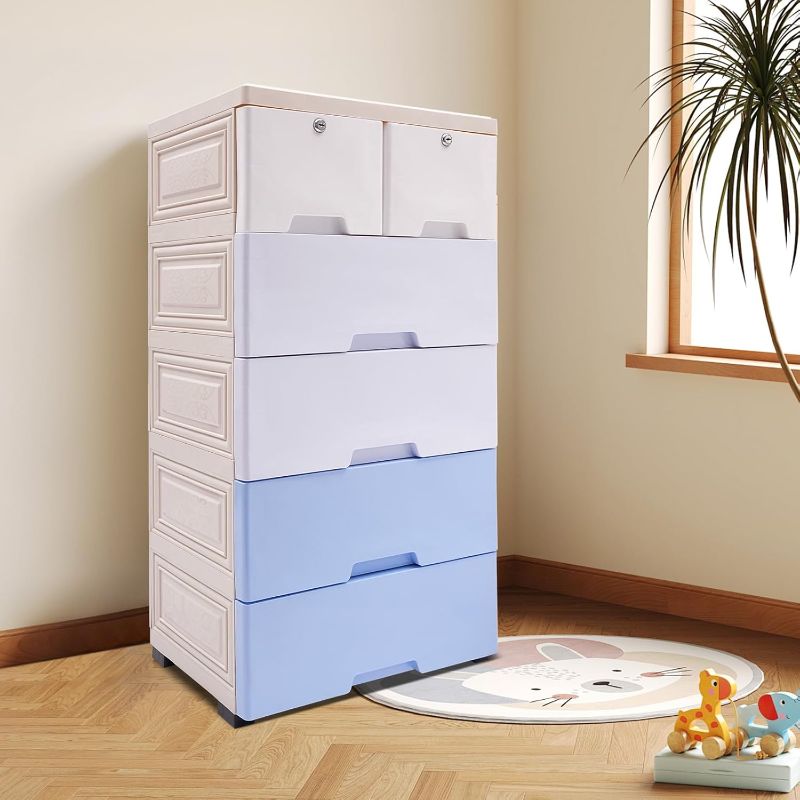 Photo 1 of Storage Cabinet with Drawers Plastic Drawers Dresser Modern Closet Organizer Box Shelf 19.69 * 13.78 * 40.16 Inch Gradient Blue for Bedrooms Nurseries Playrooms Entryway