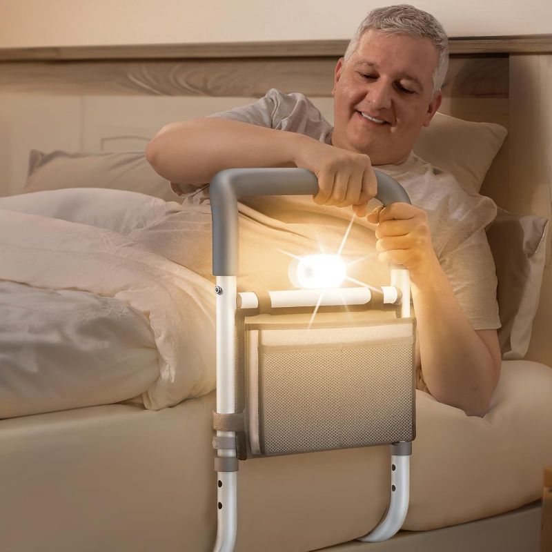 Photo 1 of Adjustable Bed Rails for Elderly Adults with Night Light & Bag, Bed Assist Rail with Double Crossbar, Bed Railings Protects Seniors from Falling 
 
 