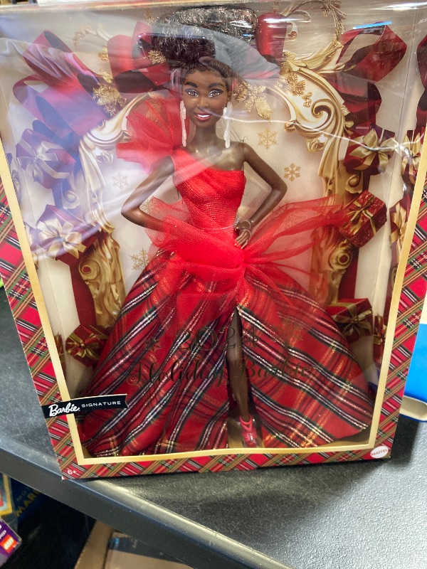 Photo 2 of Barbie Signature Doll, 2024 Holiday Fashion Doll with Brown Hair Wearing Plaid Gown, Seasonal Collector Gift in Displayable Packaging