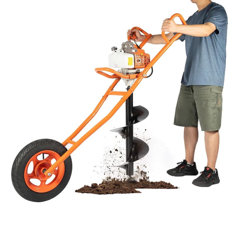 Photo 1 of 63CC 2 Stroke Post Hole Digger 3HP Gas Powered Earth Auger Borer Ground Drill Gasoline Earth Auger Wheelbarrow with 11" Bit, for Fence Ground Drill Garden Tree Planting (Orange) 