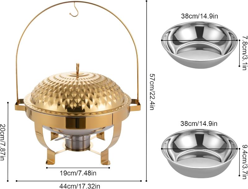 Photo 1 of Hanging Lid Dining Stove, 6L/6.3QT Stainless Steel Round Chafing Dish Buffet Set Food Warmer with Alcohol Burner for Wedding, Parties, Restaurants, Banquets (Gold)
