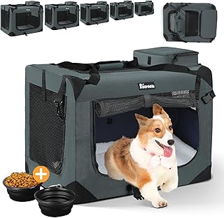 Photo 1 of Extra Large Dog Crate with 2 Foldable Bowl, 28 Inch Collapsible Travel Dog Crate Kennel with Soft Blanket for Medium Dogs,Indoor & Outdoor (28" L x 20" W x 20" H, Grey)