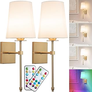 Photo 1 of 2 Light Battery Operated Wall Lights Fixtures with Remote Control, Wireless Battery Powered Wall Lamps with Fabric Shade Set of 2,Dimmable Wall Sconces,for Bedroom, Lounge, Farmhouse