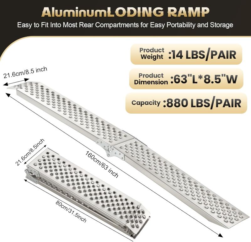 Photo 1 of FACHNUO Aluminum Truck Ramps (2PC), 880lbs Capacity – Heavy Duty Loading Ramp for Pickup Trucks, Motorcycles, Dirt Bikes, ATVs, UTVs, Lawn Mowers, Golf Carts, Trailers – 63''L x 8.5''W Tailgate Ramp