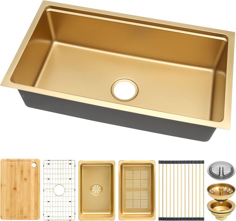 Photo 1 of Gold Undermount Kitchen Sink 32×18 Inch, Stainless Steel Workstation Kitchen Sink, Single Bowl Kitchen Sinks with Kitchen Sink Strainer
