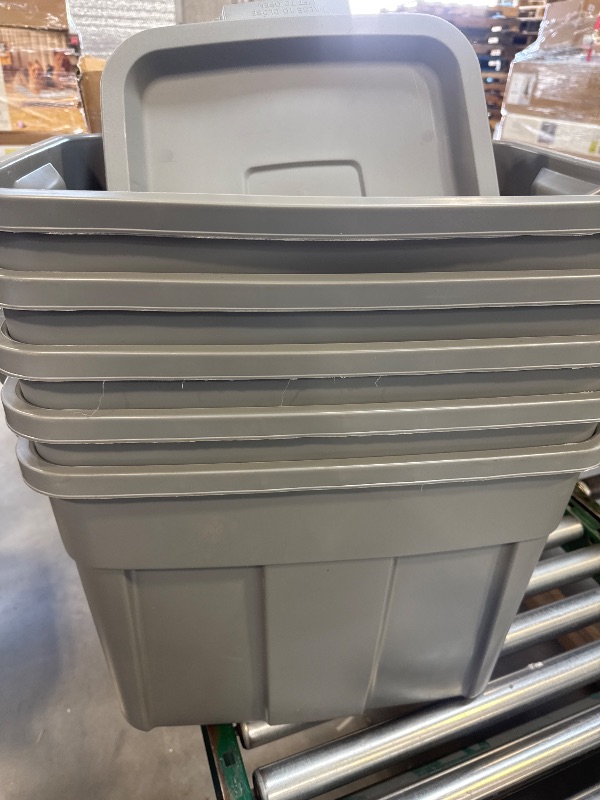 Photo 3 of Pack of 5 Rubbermaid 18gal Roughneck Storage Tote Gray: Polyethylene, Handles, Nesting, Lidded, Stackable, Utility Storage
