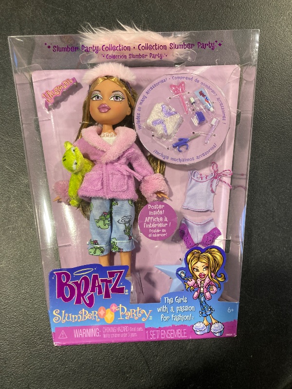 Photo 2 of Bratz Slumber Party Yasmin Fashion Doll with 2 Sets of Pajamas, Plush, and Accessories