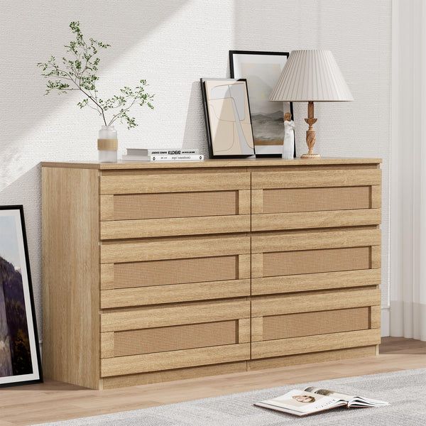 Photo 1 of GARVEE Rattan Dresser, 6 Drawer, Modern Wide Chest, Anti-Tip Kit, Smooth Slide Rail, MDF Wood, Bedroom, Hallway, Living Room
