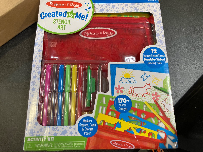 Photo 2 of Melissa & Doug Created by Me! Stencil Art Coloring Activity Kit in Storage Pouch - 170+ Designs, 6 Markers, 2 Crayons, Paper - FSC-Certified Materials