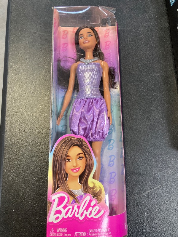 Photo 1 of Barbie Fashionistas Doll #234 with Brown Hair, Wearing Sequined Purple Bubble Dress with Satiny Skirt, Silvery Necklace and Heels