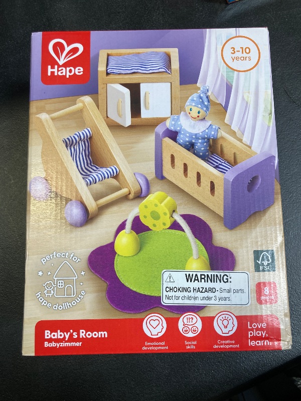 Photo 2 of Hape Wooden Doll House Furniture Baby's Room Set with Baby| Pretend Playset for Kid’s Wooden Dollhouse