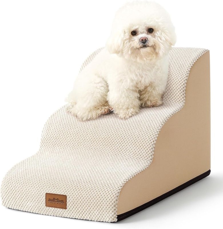 Photo 1 of Dog Stairs for Small Dogs 15.7" H, Curved Dog Step for Puppy, Older Cat, Medium Dog, Pet Ramp for Sofa, Couch or Bed, Ladder with High Density Foam, 15.7x22.4x15.7 inch, 3 Step, Beige
