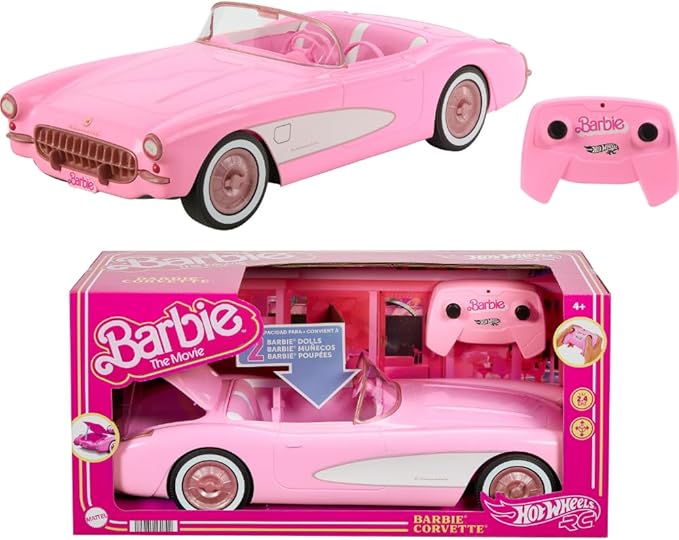 Photo 1 of Hot Wheels Barbie RC Corvette from Barbie The Movie, Full-Function Remote-Control Toy Car Holds 2 Barbie Dolls