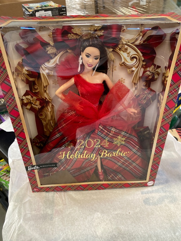 Photo 2 of Barbie Signature 2024 Holiday Dolls, Seasonal Collector Gift, Plaid Gown with Red Bow, Displayable Packaging, Dark Brown Hair