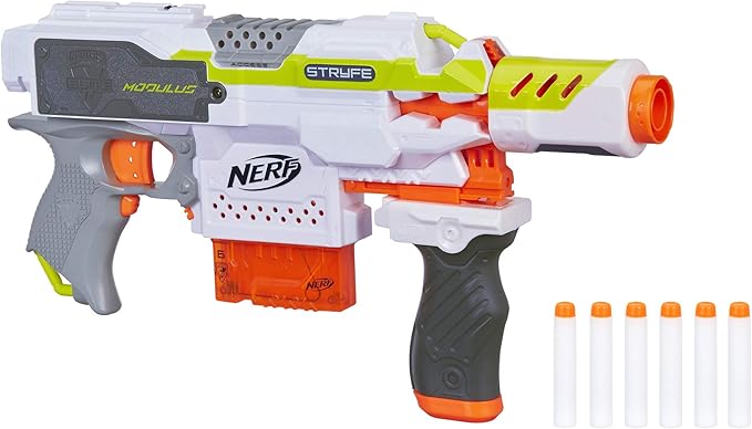 Photo 1 of Nerf Modulus Stryfe Motorized Blaster - Fires 6 Darts in a Row - Includes Drop Grip, Barrel Extension, 6-Dart Clip, 6 Nerf Elite Darts (Amazon Exclusive)