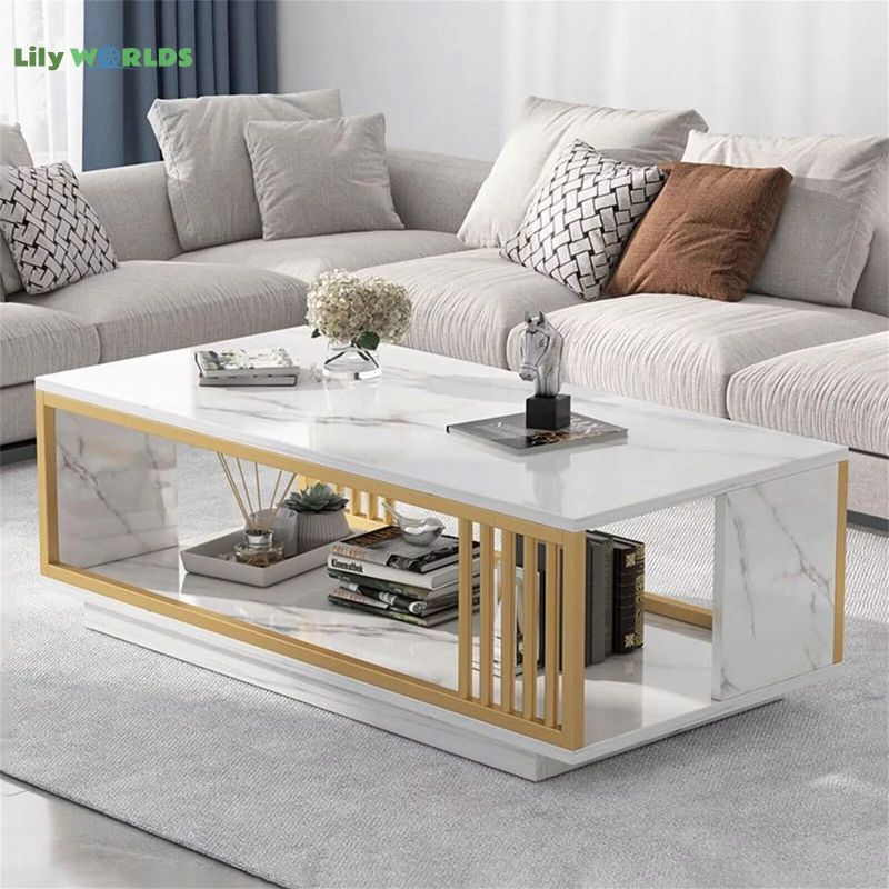 Photo 1 of Modern White GOLD Coffee Table High Gloss Marble Veneer Rectangle Living Room