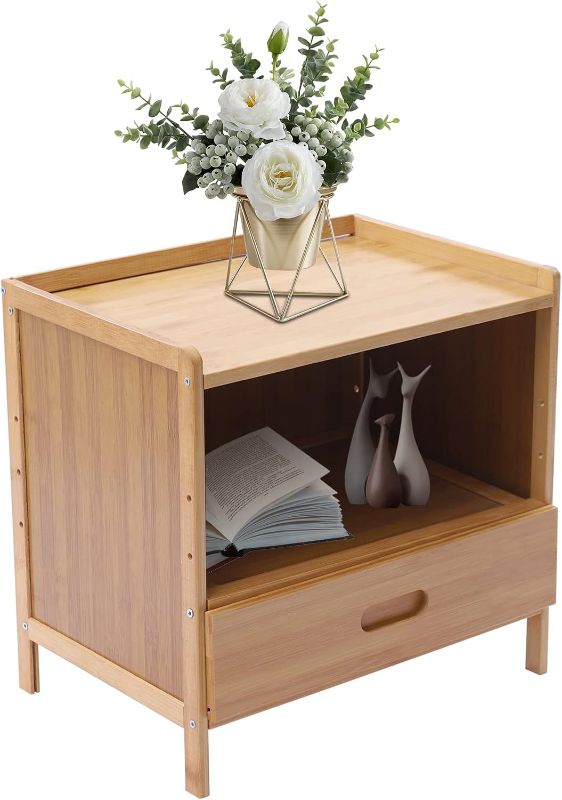 Photo 1 of Modern Nightstand with Drawer, Farmhouse Bamboo Night Stand Bedroom Bedside Table Mini Bed Side Table Sofa End Table with Storage Cabinet for Living Room Bedroom Home Office
