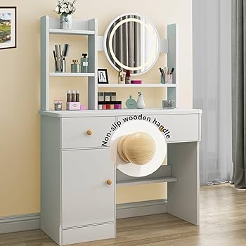 Photo 1 of Zeaper Dressing Table with LED Lighting Mirror, 3 Colours with Adjustable Brightness, Dressing Table with 3 Drawers, 3 Shelves, Modern Wooden Cosmetic Table, White (124-080)
