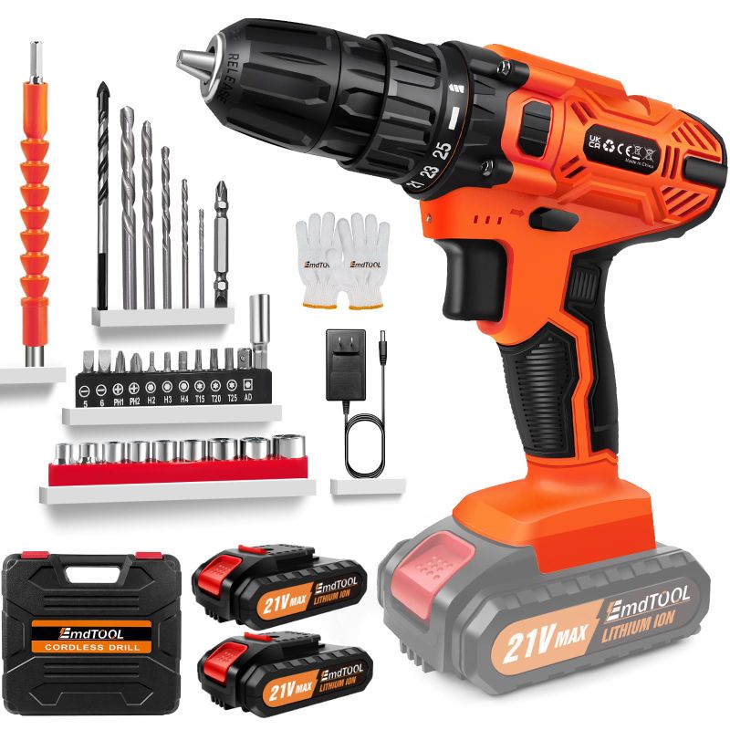 Photo 1 of Cordless Drill Set, 21V Electric Power Drill with 2 Battery and Charger, 3/8'' Keyless Chuck, 398 In-lb Torque, 25+1 Torque, 2 Variable Speeds, with 29pcs Drill Bits & LED Electric Drill Set
