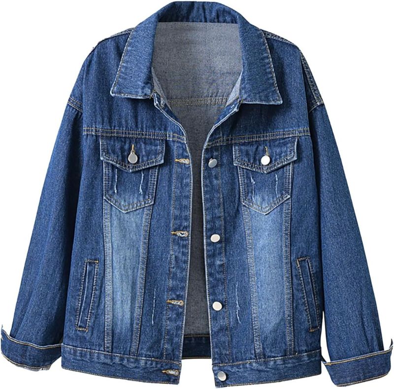 Photo 1 of VisiChenup Casual Jeans Jackets for Women Long Sleeve Classic Distressed Denim Coat Denim Trucker Jacket With Pocket Button Small