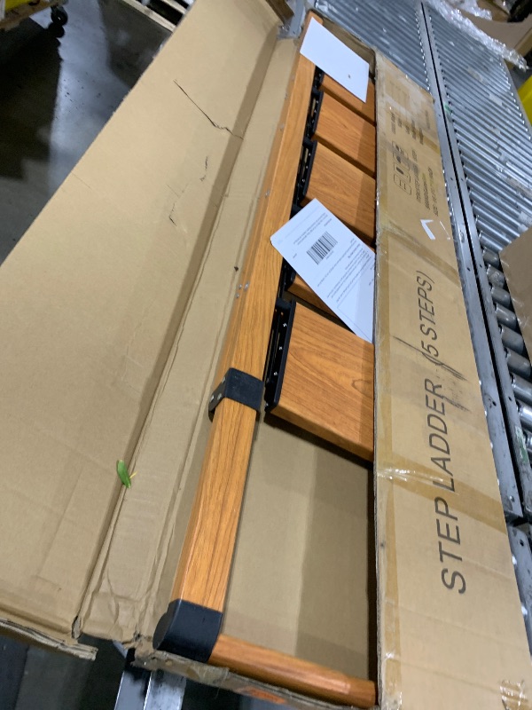 Photo 1 of GameGem 5 Step Ladder for 10 Feet High Ceiling, Lightweight Aluminum Folding Step Stool with Convenient Handgrip, Stepladders with Anti-Slip and Wide Pedal for Home Space Saving - Woodgrain (330 lbs)