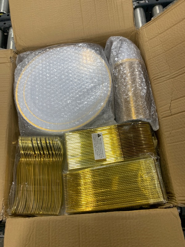 Photo 2 of FOCUSLINE 600 Gold Dinnerware Set for 100 Guests, White and Gold Rim Plastic Plates Disposable, Including 100 Dinner Plates, 100 Salad Plates, 100 Cups, 100 Silverware Set for Wedding Party