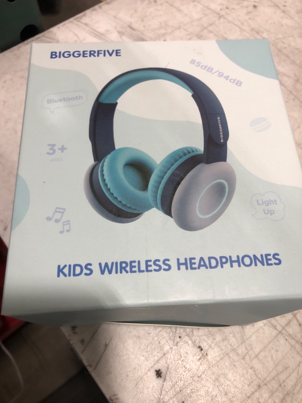 Photo 2 of BIGGERFIVE Kids Wireless Bluetooth Headphones with 7 Colorful LED Lights, 50H Playtime, Microphone, 85dB/94dB Volume Limited, Foldable On Ear Headphones for School/Girls/Boys/Fire Tablet, Blue