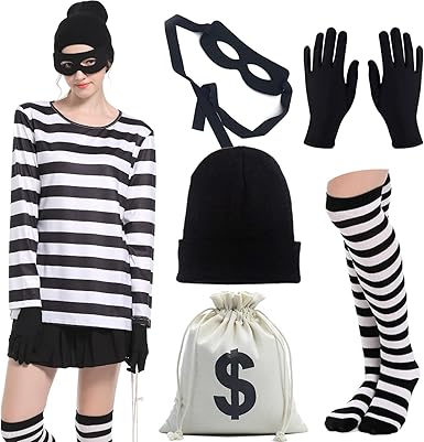 Photo 1 of Adult Unisex Robber Costume Set Black and White Striped T-Shirt Thief Accessories for Halloween Cosplay Costume Large 
