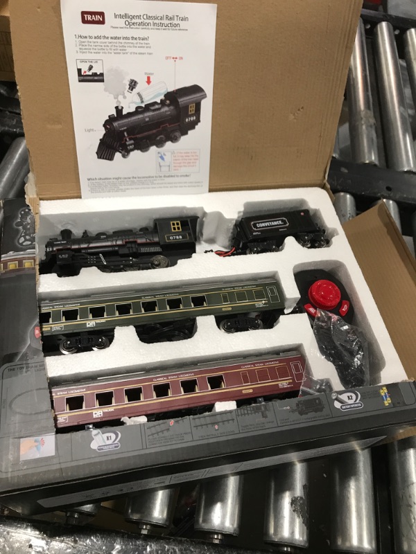 Photo 1 of Hot Bee Train Set, Remote Control Train Toys with Luxury Track & Glowing Passenger Carriages, Metal Christmas Tree Train with Smoke, Light and Sound, Toy Train Set for 3 4 5 6 7+ Years Old Boys Gifts