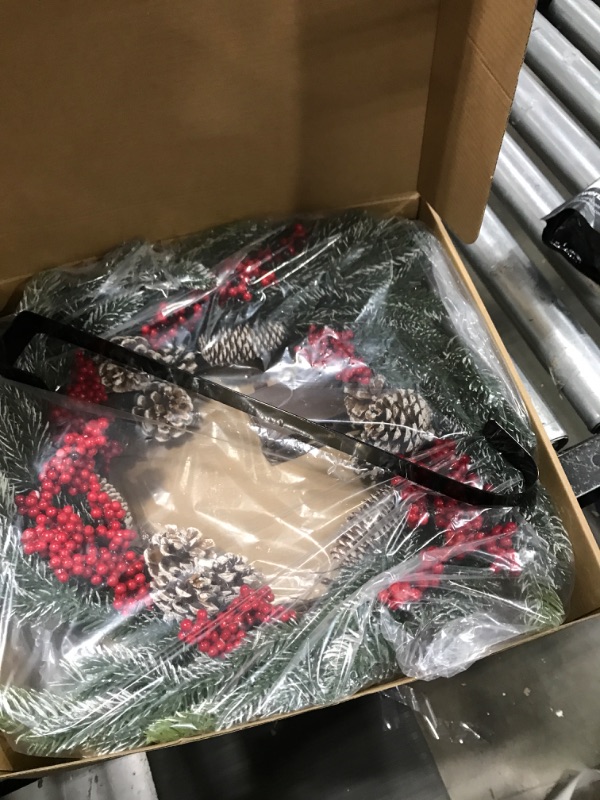 Photo 1 of winemana 24 Inch Pre-Lit Christmas Wreath with Hanger, Timer, Pine Cone and Red Berries, Battery-Operated 20 LED Lighted Artificial Wreath Decoration for Front Door Mantel Xmas Party