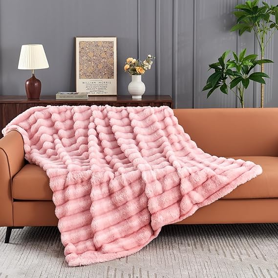 Photo 1 of Faux Fur King Blanket for Couch - Luxurious Faux Rabbit Fur Bed Blanket Reversible - Cozy Warm Fluffy Fuzzy Plush Striped Blanket for Sofa Bedroom Living Room - 90x106 Inches Pink
