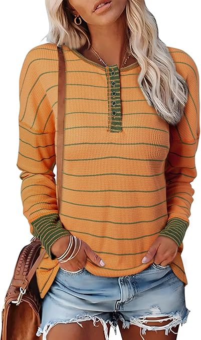 Photo 1 of EVALESS Long Sleeve Tops for Women Trendy Striped Button Up Tunic Shirts Loose Fit Sexy Henley Tee Blouses
