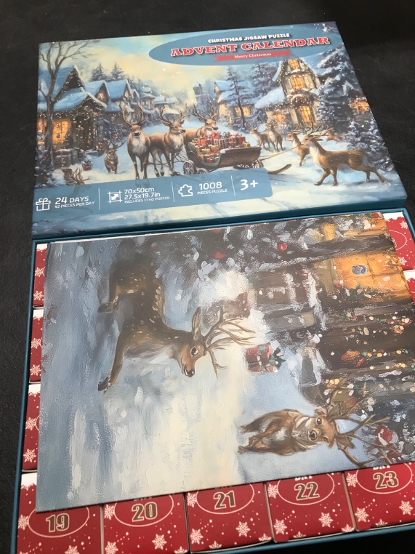 Photo 2 of 3D Cold Gold Foil Printing Advent Calendar 2024 Christmas Puzzles for Adults, Deer gift giving scene 1008 Pcs Countdown Calendar 24 Days Jigsaw, Puzzle Advent Calendar 2024 for Teens Kids, Family Puzzles