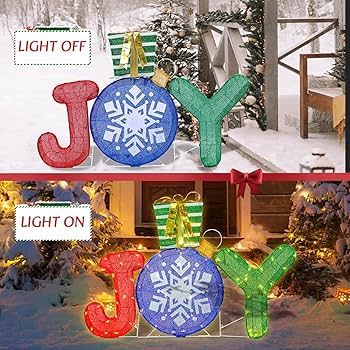 Photo 1 of  MUMTOP Joy Christmas Decorations Outdoor Yard, Joy Christmas Sign with Lighted Gift Box, Joy Decor Christmas with Hanging Hook for Wall, Indoor, Outdoor, Lawn, Party, Home Decor Gift 