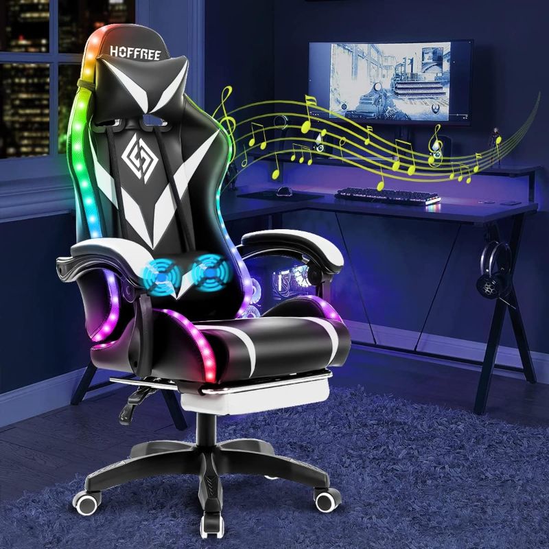 Photo 1 of  HOFFREE Gaming Chair Massage with Bluetooth Speakers and Led Lights Ergonomic Computer Gaming Chair with Footrest RGB Video Game Chair with High Back Lumbar Support White and Black 